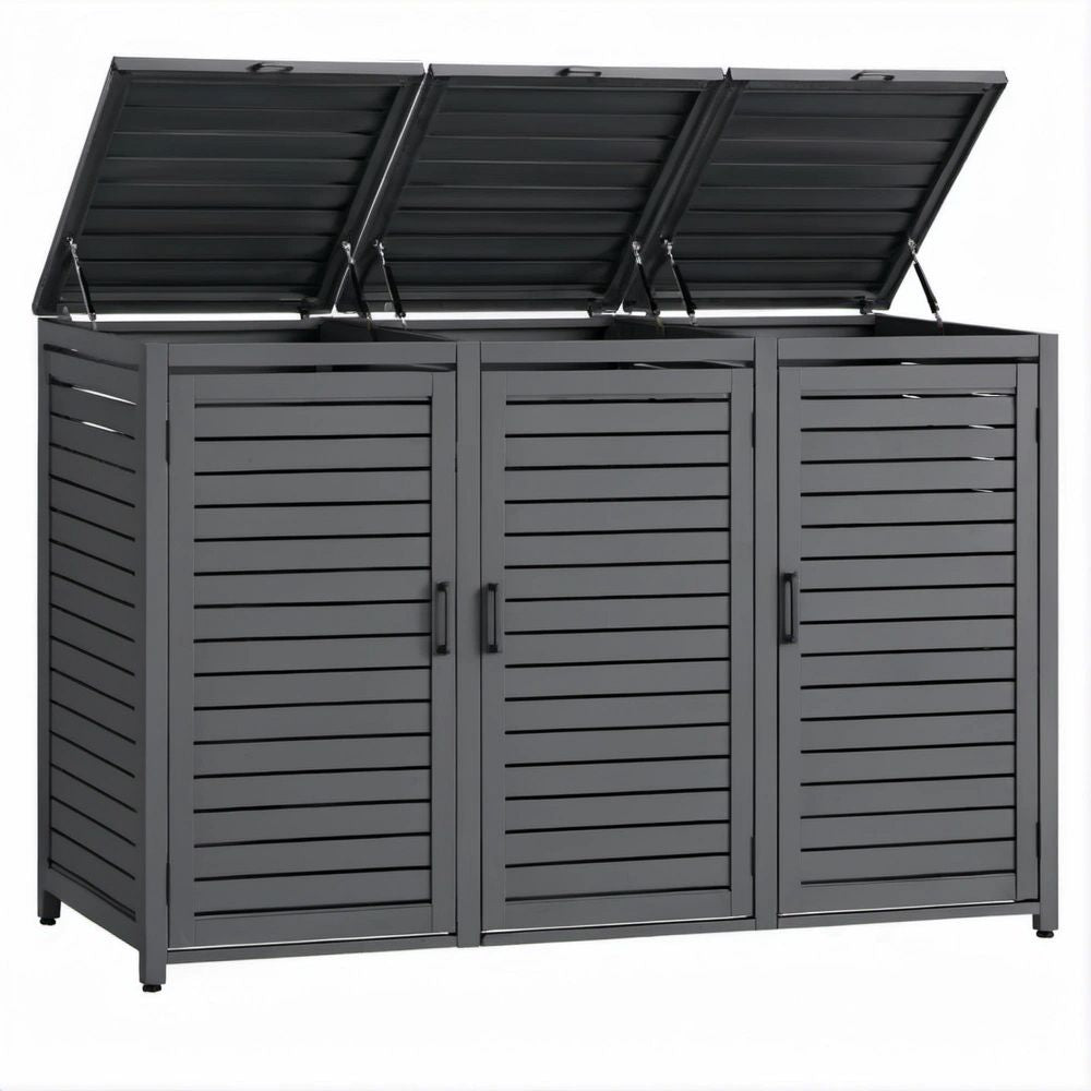 Gartenschrank aus pulverbeschichtetem Stahl mit 3 Türen und Klappdeckeln, Anthrazit, 120 x 50 x 120 cm