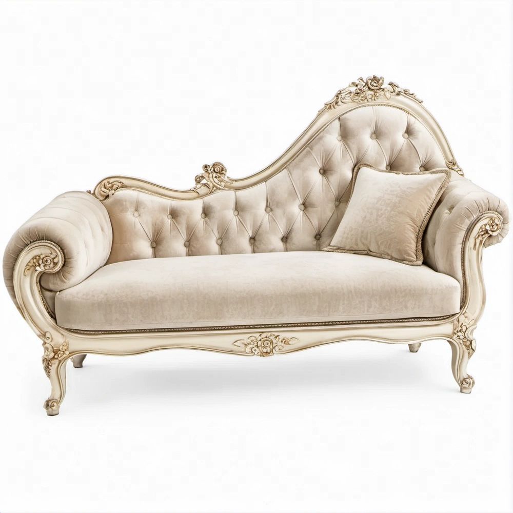 Klassische geschwungene Chaiselongue in Beige, Creme und Gold, 180 x 80 x 110 cm