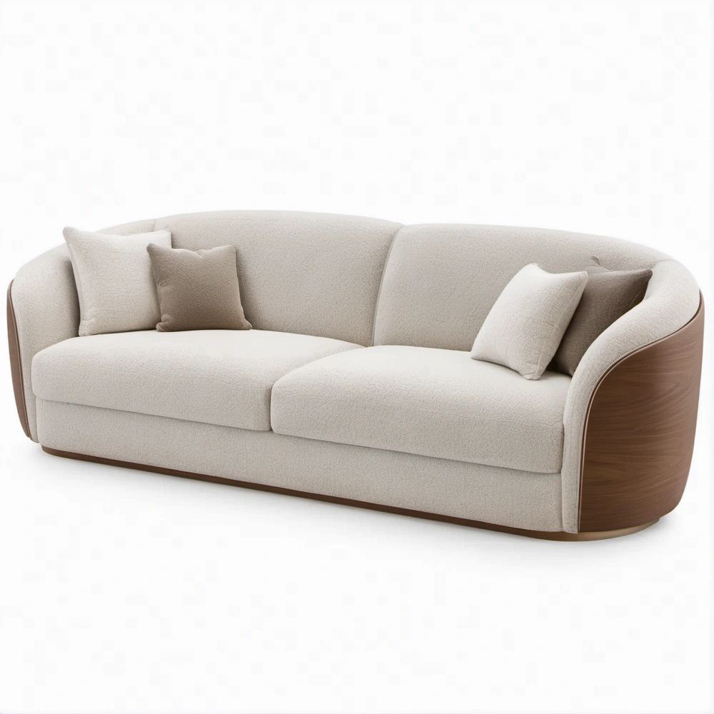 Geschwungenes 2-Sitzer Sofa in Creme und Nussbaum-Braun, 220 x 95 x 78 cm