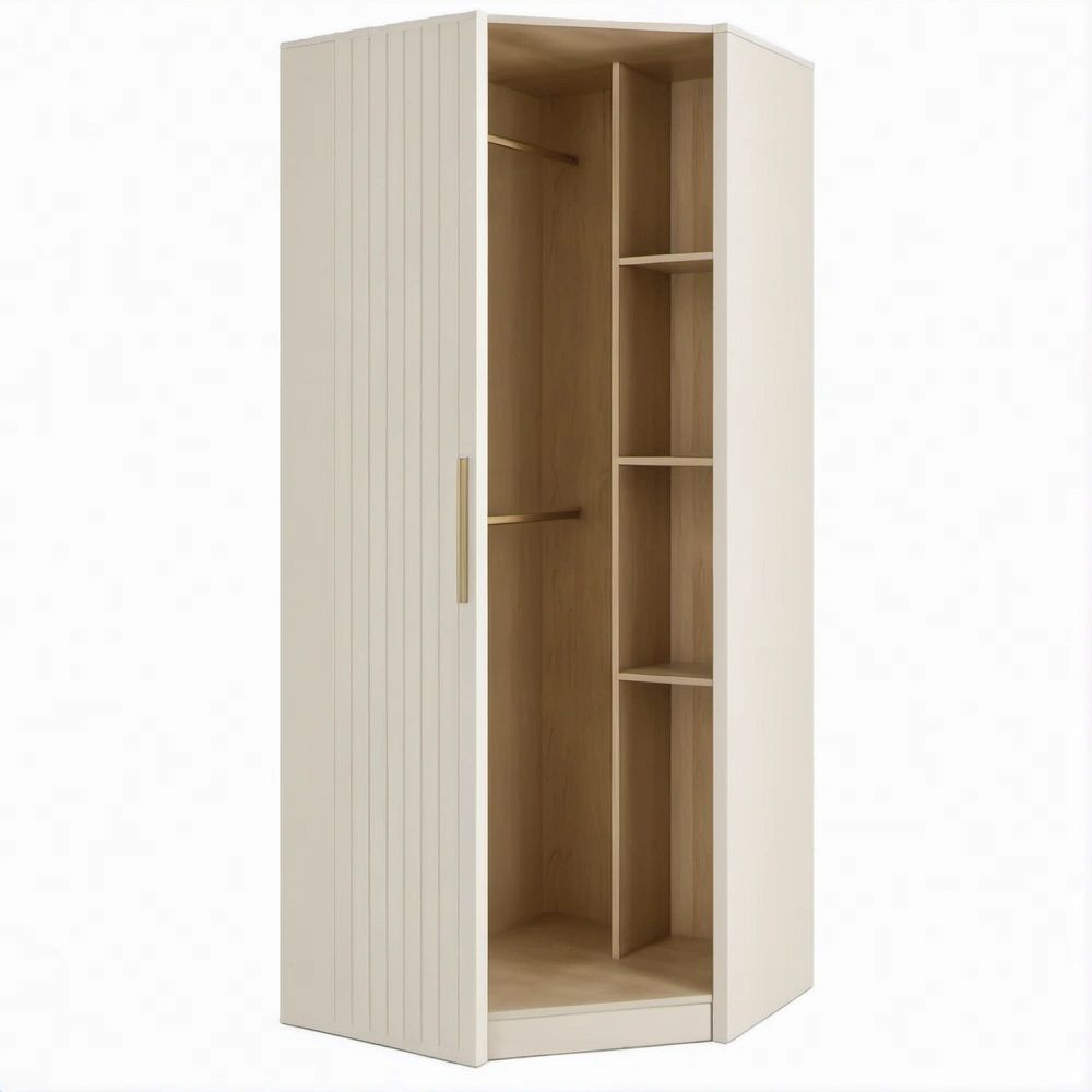 Eckkleiderschrank mit Falttür in Beige, Hellbraun und Gold, 90 x 90 x 200 cm