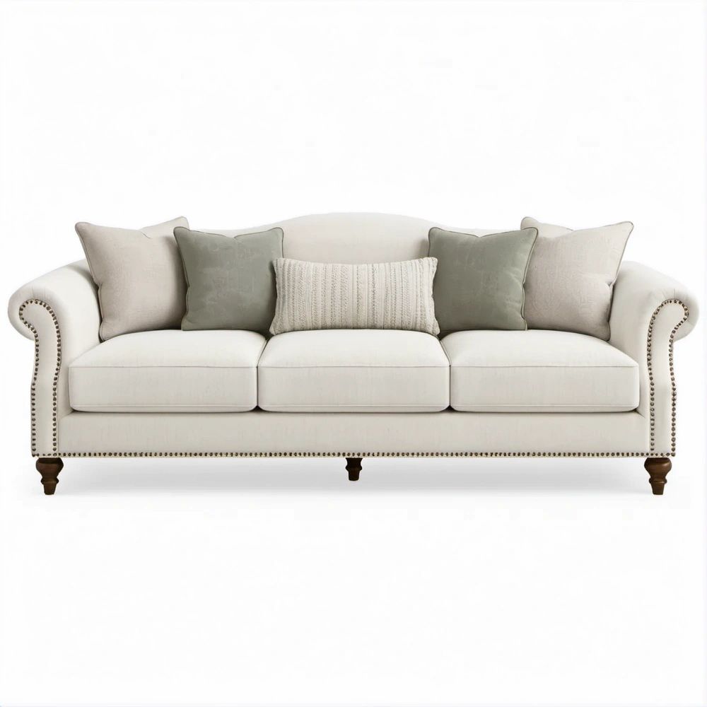 3-Sitzer-Sofa Cremeweiss mit salbeigrünen Kissen und dunkelbraunen Massivholzfüssen, 230 x 96 x 90 cm