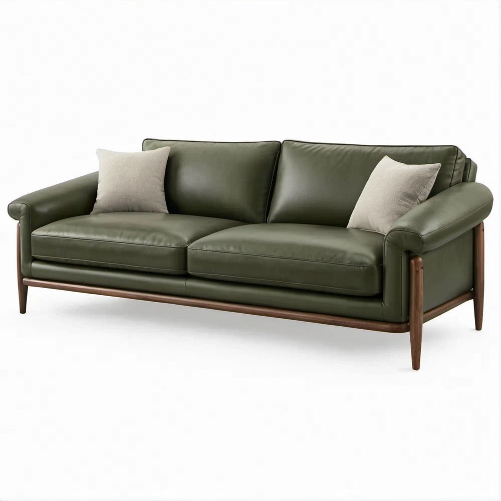 2-Sitzer-Sofa aus olivgrünem PU-Kunstleder mit nussbraunem Massivholzrahmen, 180 x 85 x 86 cm