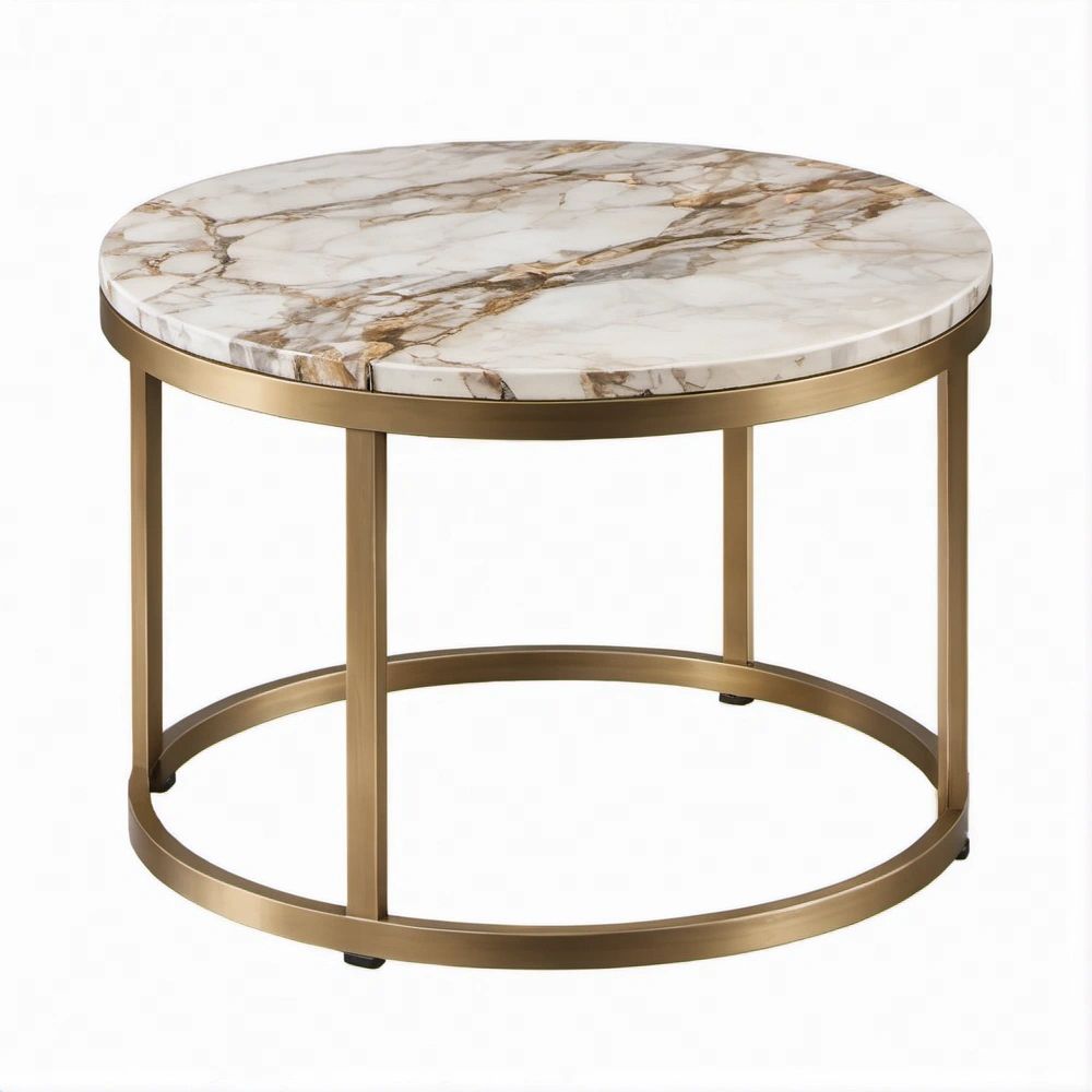 Runder Beistelltisch Ø 60 × H 45 cm in Weiss/Braun mit goldfarbenem Gestell