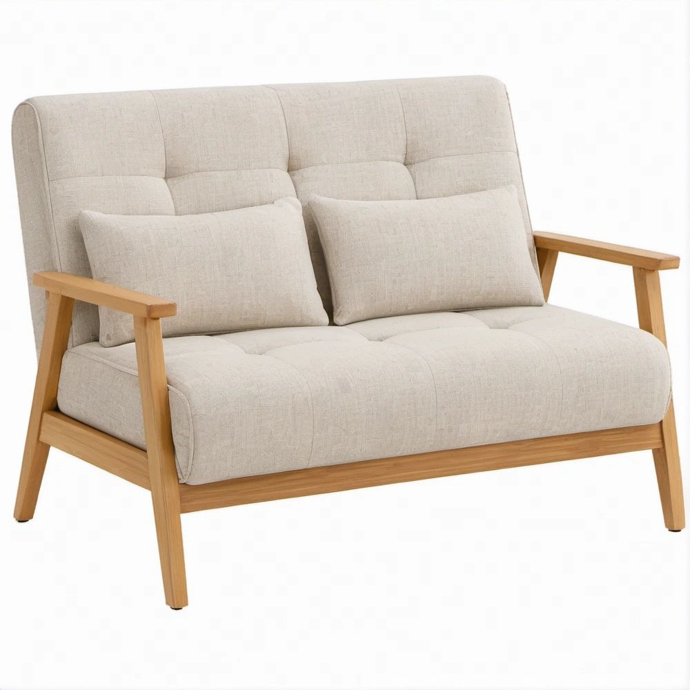 2-Sitzer-Sofa Beige/Naturholz, Polyesterbezug, Massivholzgestell, 120 × 75 × 85 cm