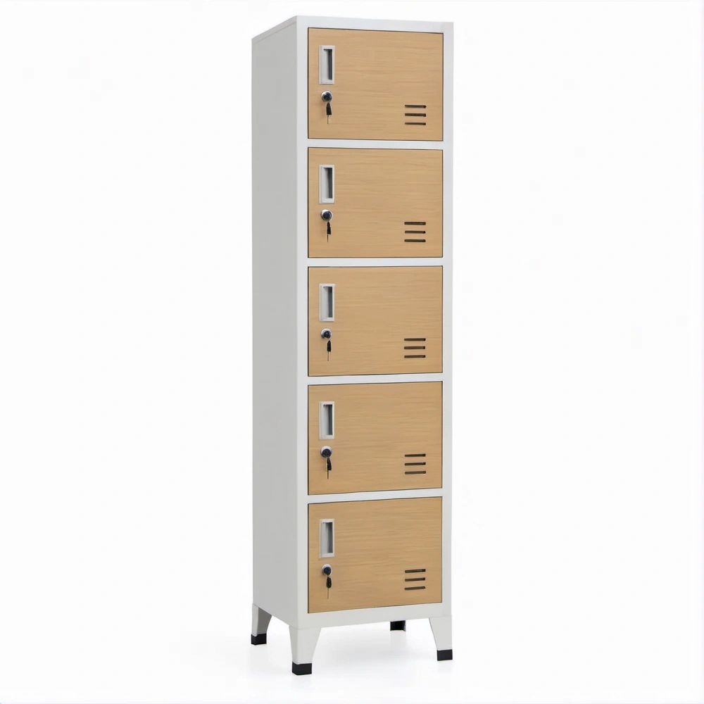Abschliessbarer Stahlschrank mit 5 Türen, Weiss/Eiche natur, 180 × 40 × 45 cm